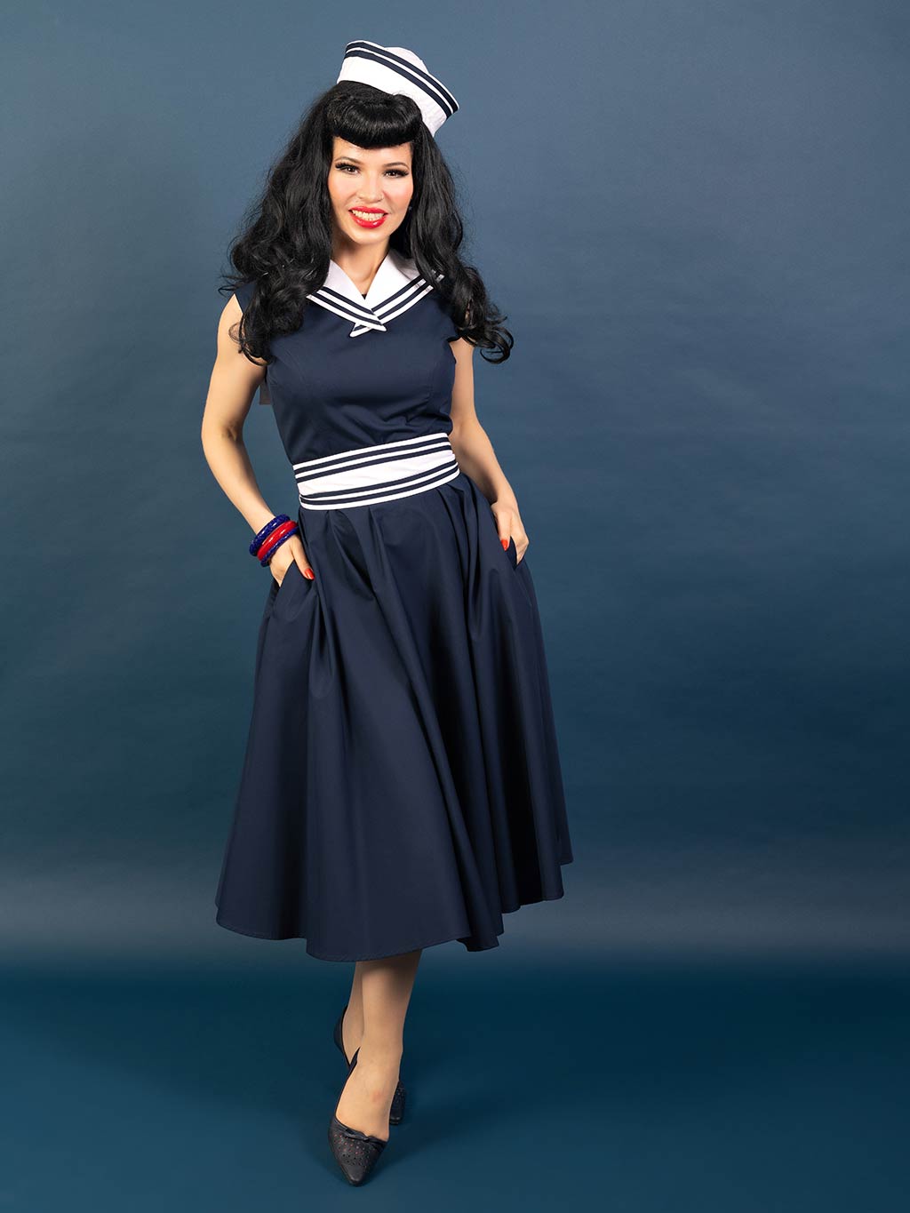 sailor dress in navy blue cotton with detachable belt and scarf