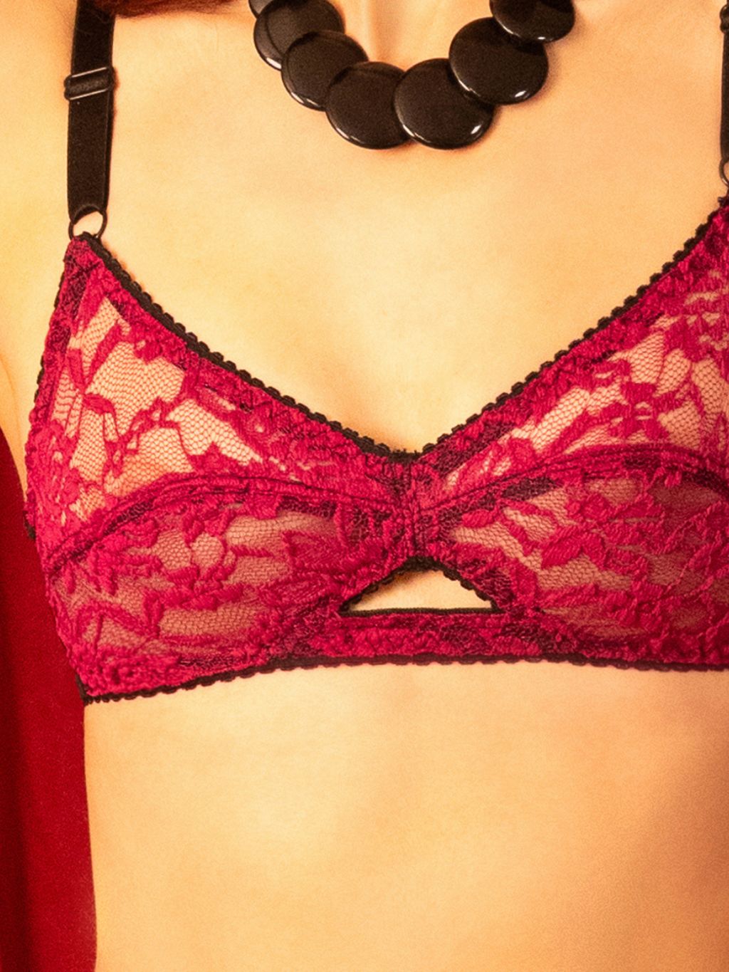 close up retro soft cup bra in berry lace with black trim