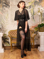 vintage black long sheer robe with black satin trim, worn with black seamed stockings