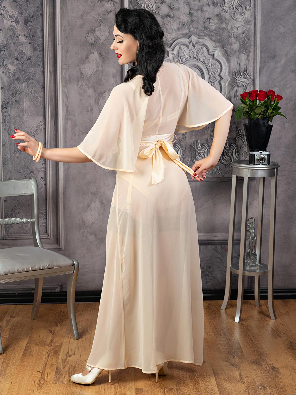 vintage full length robe in sheer peach georgette with butterfly sleeves and satin self tie belt