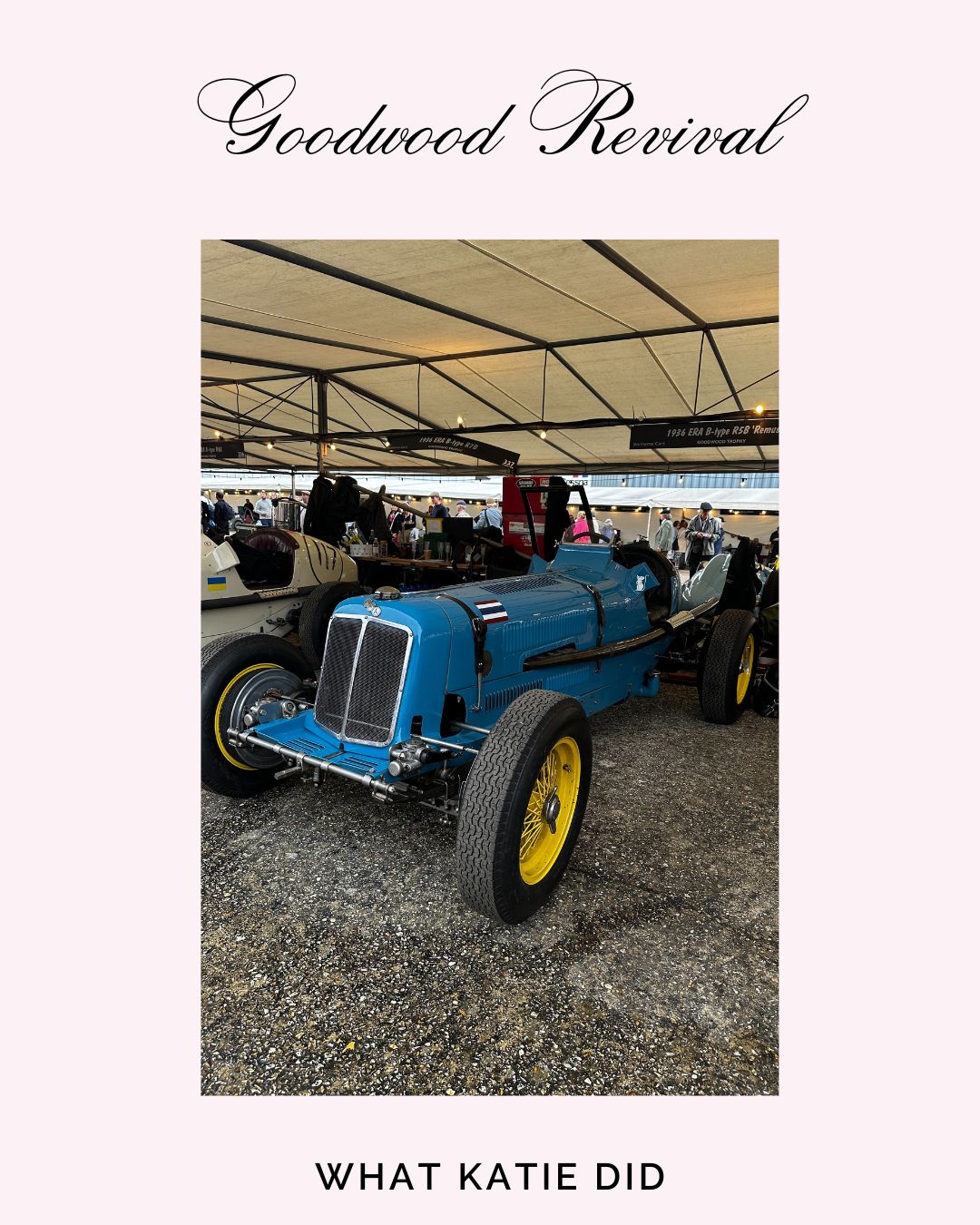The blue Remus ERA racing car at The Goodwood Revival which inspire What Katie Did's 'Remus' dress print.