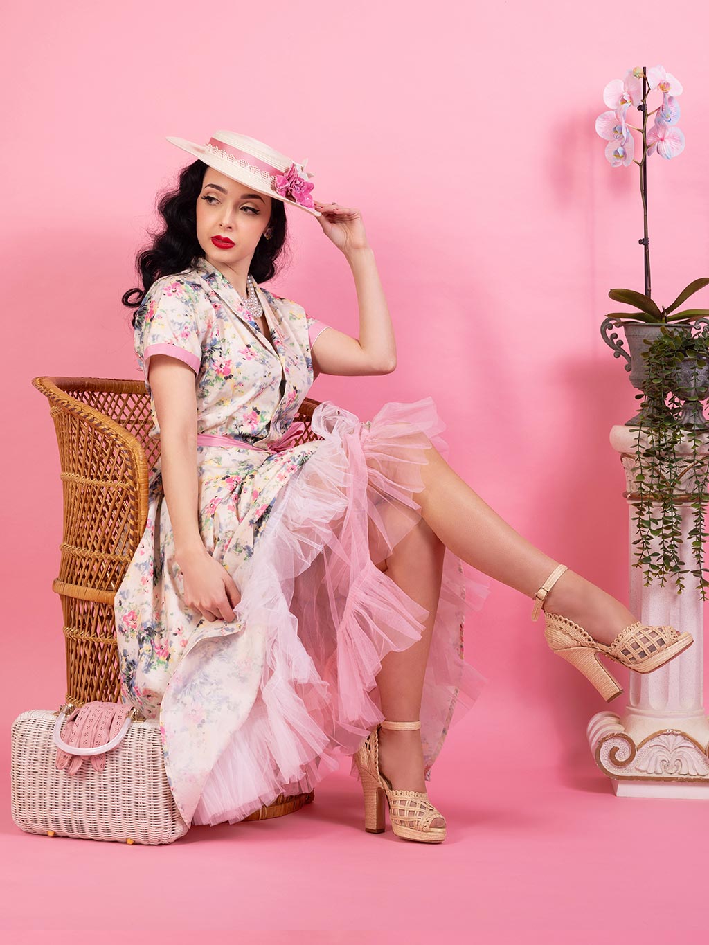 Light pink floral pink shirt dress worn with two petticoats.