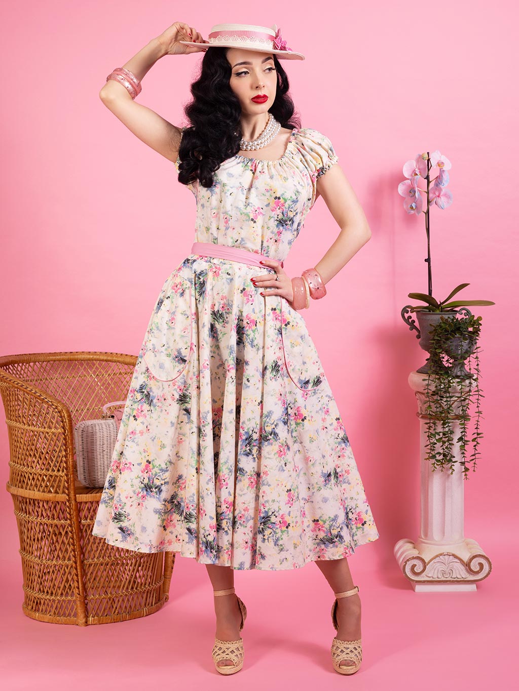 light pink floral milkmaid style dress