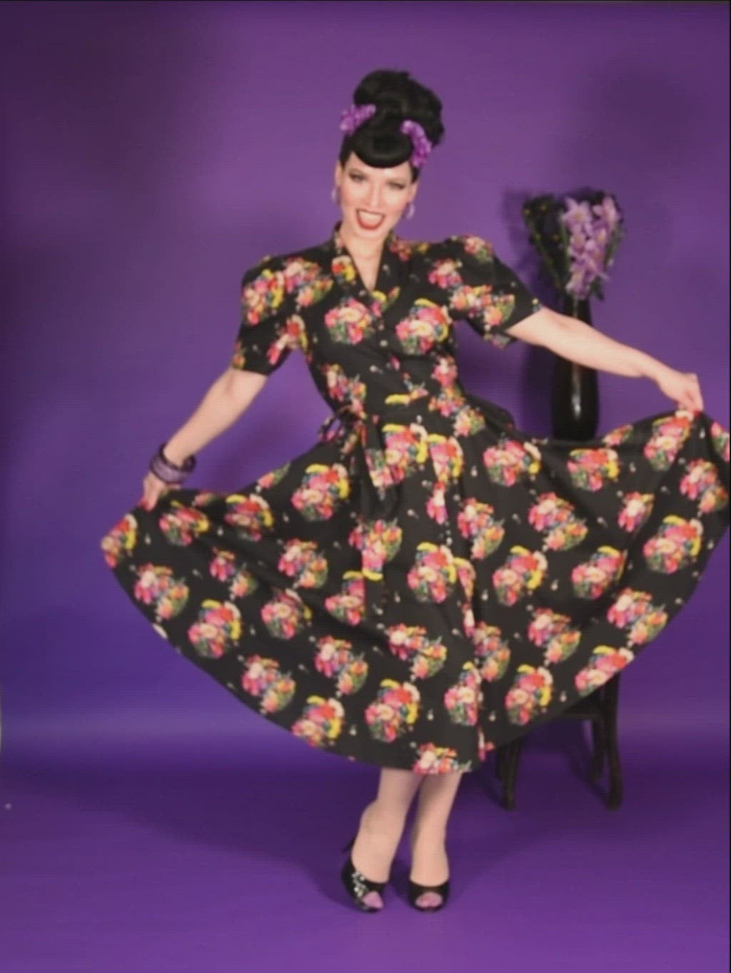 1950s shirt dress in a dark floral print. Retro cotton dress with 1940s style short puffed sleeves and self tie belt. Recreated from a 1950s dress from What Katie Did's private collection.