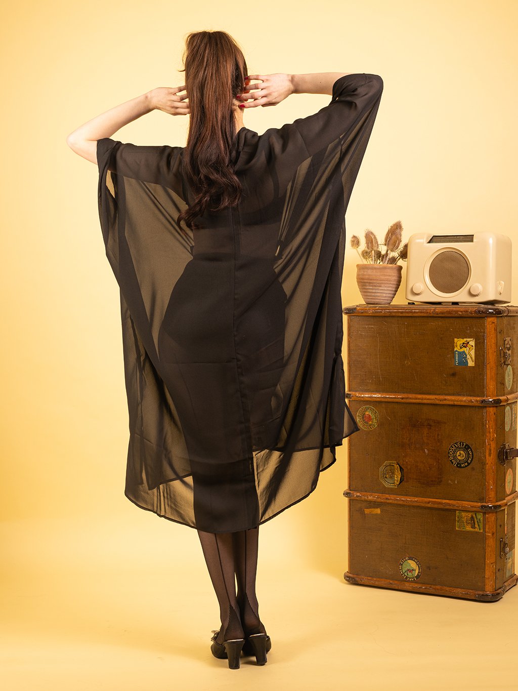 Semi sheer georgette kaftan with 60s waterfall style back and satin self tie belt by What Katie Did