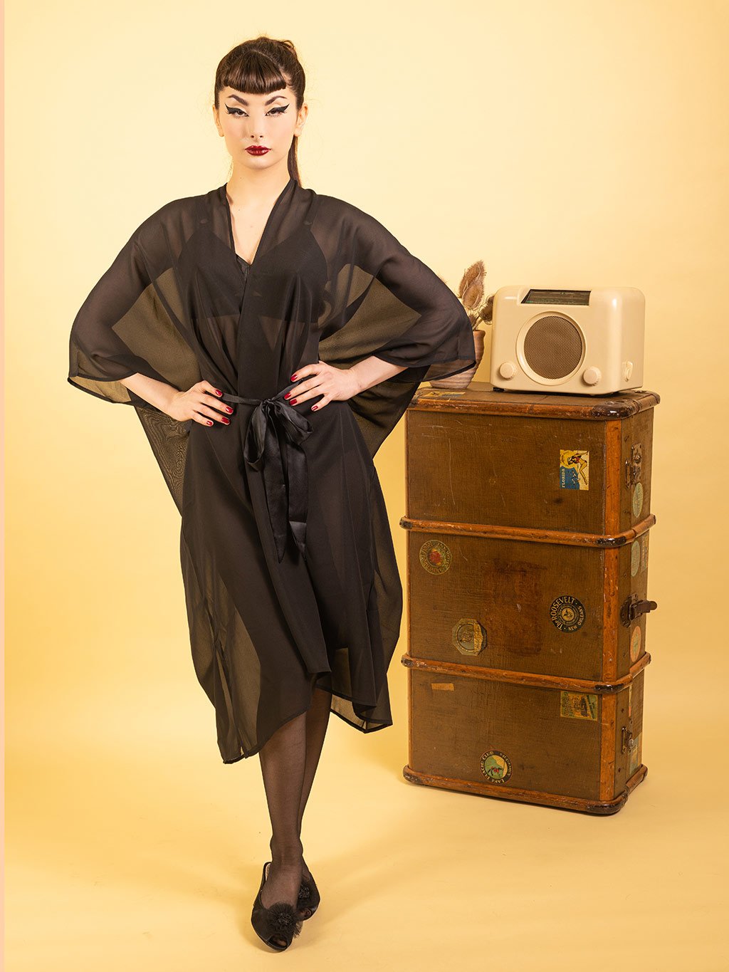 Vintage inspired black sheer Kaftan with satin tie belt by What Katie Did