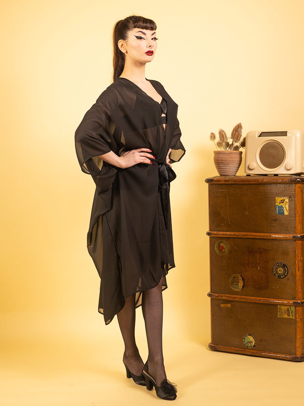 Vintage inspired Kaftan made from black semi sheer georgette with satin self tie belt by What Katie Did