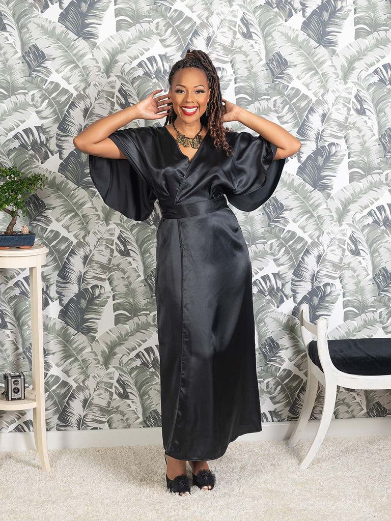 Long Black Satin Robe - 1930s Hollywood-Inspired Luxury - Large (UK 16/ ...