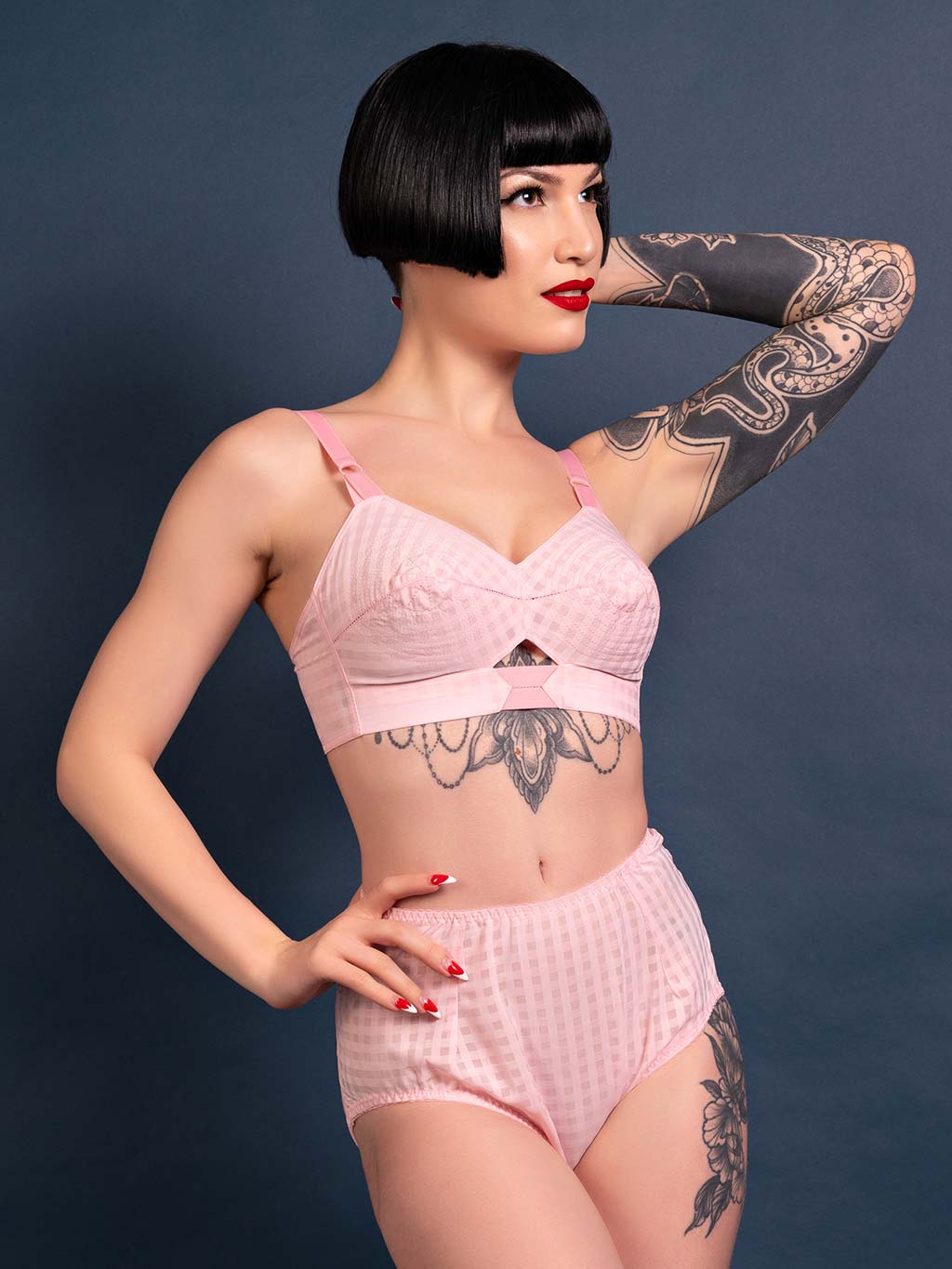 pink gingham lingerie, bullet bra and high waist knickers