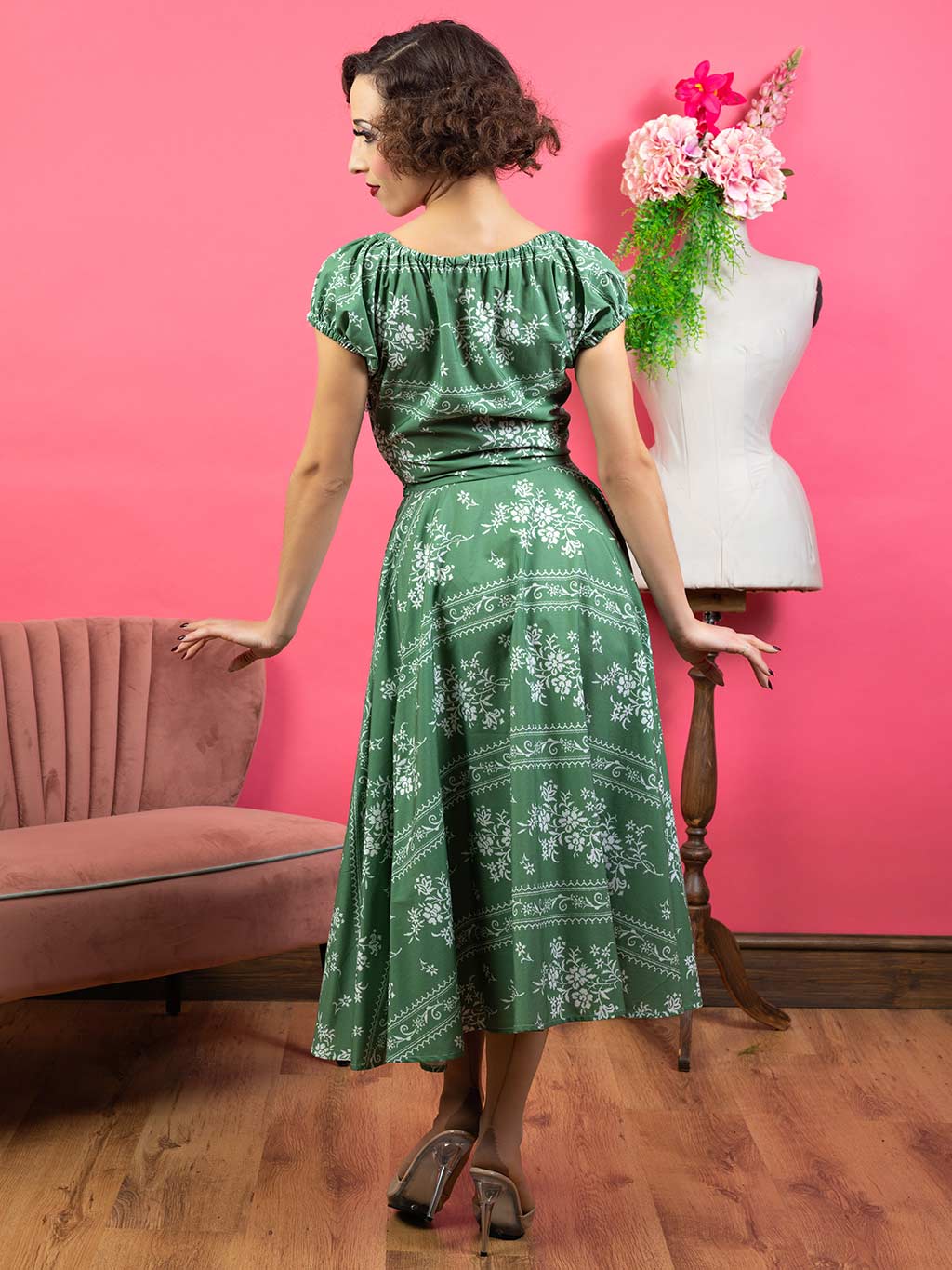 retro green floral dress