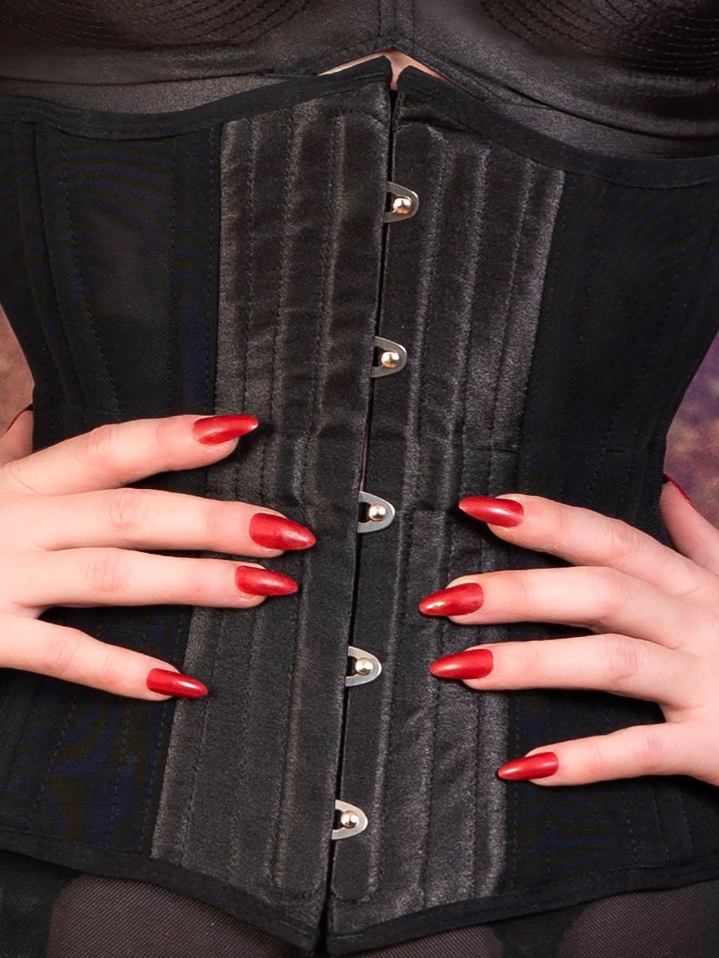 close up of black stretch underbust corset