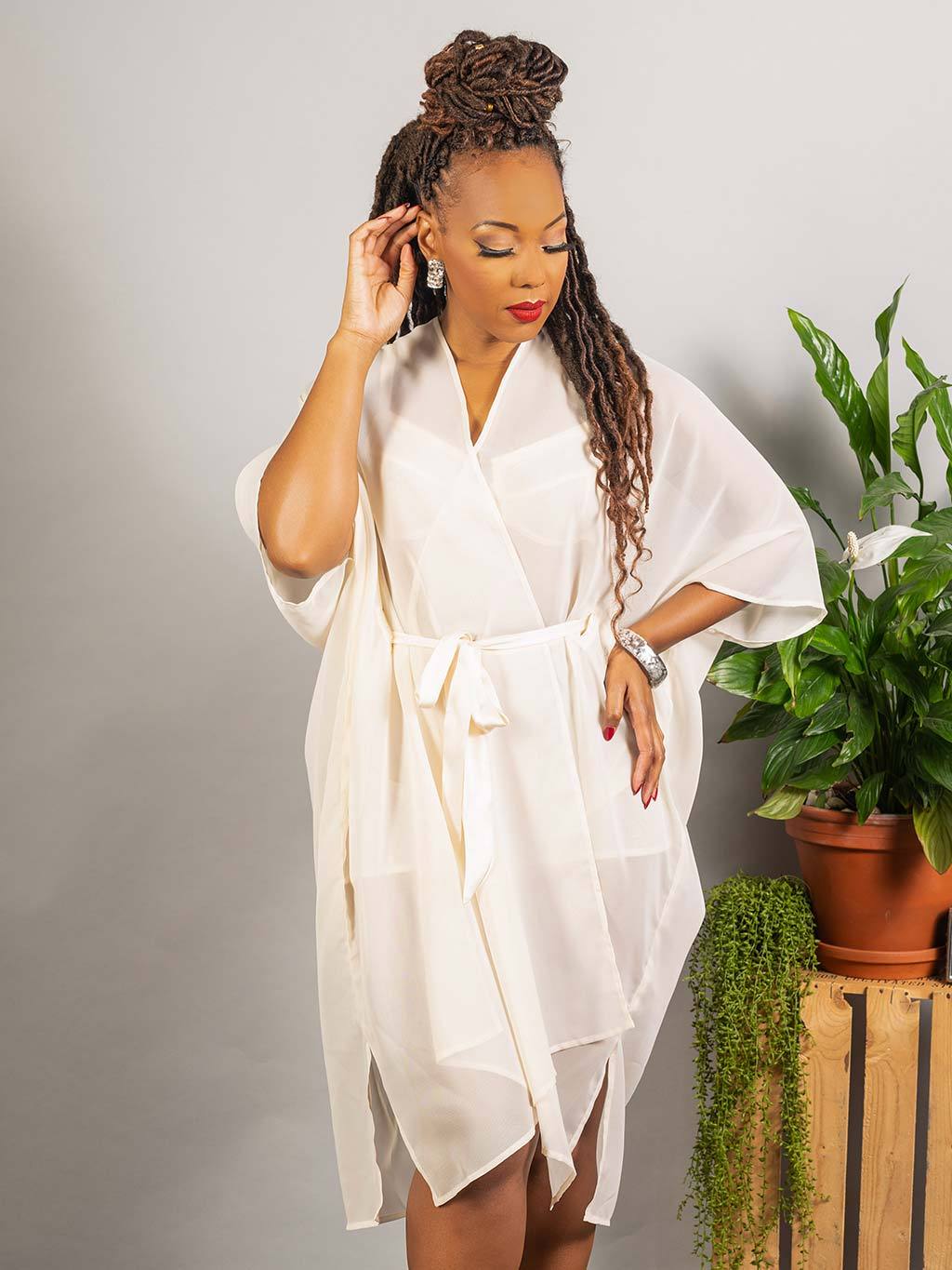 retro kaftan wrap robe in sheer peach